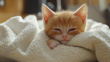 a small orange kitten is sleeping on a blanket photo