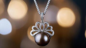 A brown pearl and diamond pendant on a chain photo