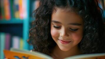 A young girl is smiling while reading a book photo