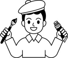 black and white illustration of a boy holding a paintbrush and a tube of paint vector