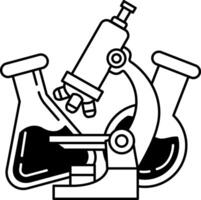 black and white illustration of a microscope with a test tube and a beaker vector