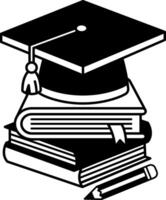 isolate black and white illustration of a stack of books with a graduation cap on top vector