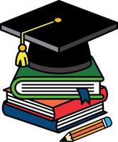 A stack of books with a graduation cap on top vector