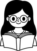 black and white illustration of a girl reading a book vector