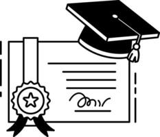 black and white illustration of a graduation cap on top of a certificate paper vector