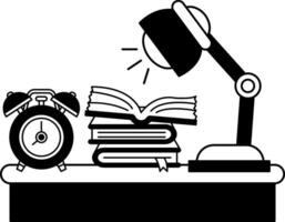 black and white illustration of a desk with a clock a lamp and a stack of books vector