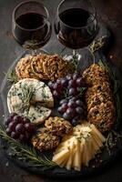 A cheese and wine platter with grapes, crackers and crackers photo