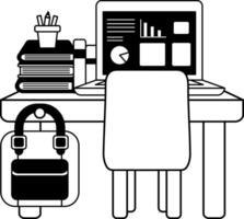 isolate black and white illustration of a desk with a laptop a backpack and a stack of books vector