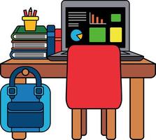 A desk with a laptop a chair a backpack and a stack of books vector