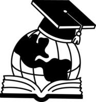 black and white illustration of a globe with a graduation cap on top vector