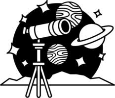 black and white illustration of telescope on a hill with a view of galaxy vector
