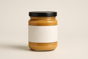 A jar of peanut butter with a blank label photo