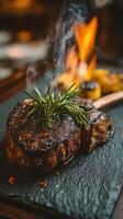 A steak is being cooked on a black slate board photo