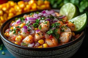 a traditional Peruvian ceviche served in a ceramic bowl, featuring fresh fish, red onions, lime juice, and chili peppers, accompanied by corn photo
