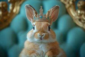 A tiny rabbit in a crown sits on a royal throne, full of confidence and charm, in a whimsical studio setup photo