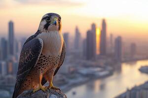 an environmental problem, a falcon perched on the edge of a skyscraper, with a city skyline in the background, bright daylight emphasizing the contrast between nature and urban life photo