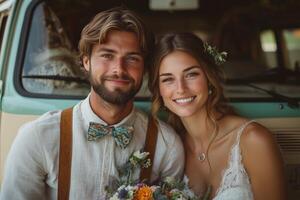 a groom in a linen suit and suspenders standing with a bride holding hands, with a vintage camper van in the background, decorated with boho style details, bright natural light photo