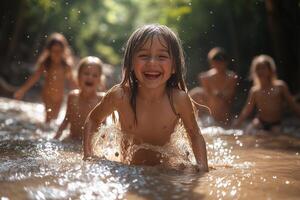 children playing in a shallow mud pool, splashing and laughing, with parents and festivalgoers relaxing nearby, bright sunlight photo