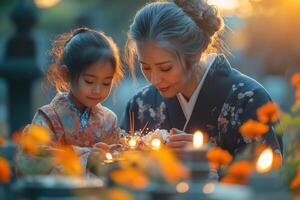 a family in traditional Japanese attire visiting a cemetery during Obon, lighting incense and placing flowers on a gravestone, gentle morning sunlight creating a tranquil mood photo