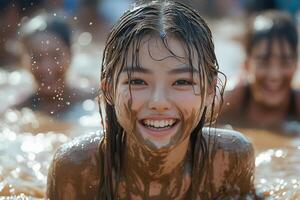 participants covered in mud during a playful fight at Boryeong Mud Festival, with inflatable mud pits in the background, vibrant summer sunlight creating a lively atmosphere photo