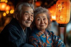 an elderly couple sitting together at an Obon celebration, surrounded by glowing lanterns and vibrant festival decorations, soft ambient lighting creating a nostalgic mood photo