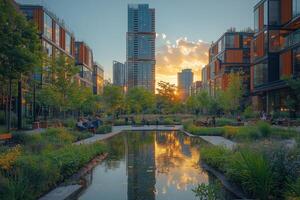 a pedestrian friendly urban square with plenty of greenery, people sitting near a small pond, modern buildings reflecting in the water, sunny and vibrant atmosphere photo