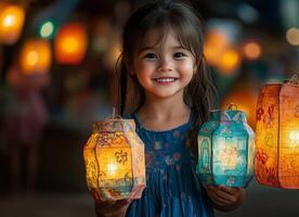 children carrying brightly colored handmade lanterns photo