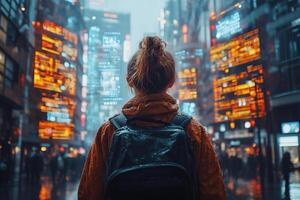 a person standing in a city street with AR overlays on buildings, displaying navigation and ads, futuristic design photo