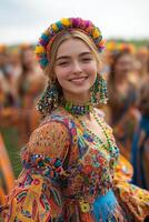 women in colorful traditional Tatar dresses dancing in a circle photo