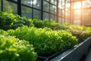 a modern hydroponic greenhouse with rows of lush green lettuce growing in nutrient rich water systems, bright natural sunlight streaming through the glass walls photo