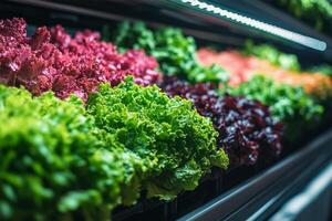 a futuristic vertical hydroponic farm with multicolored lettuces, robotic arms tending the plants photo