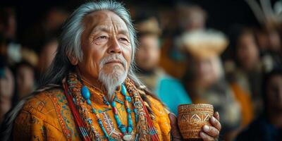 a Yakut elder blessing the festival with kumys, a ceremonial cup in hand, surrounded by attendees in traditional outfits, empty space on the right for text photo