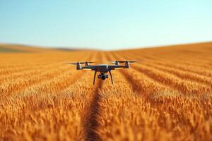 a drone flying over a large wheat field, capturing aerial data with visible camera equipment, golden crops and clear blue sky in the background, bright natural light photo