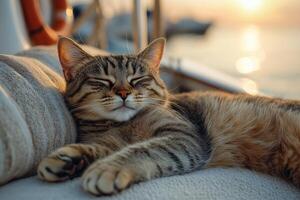 A domestic cat stretches on a soft seat, gazing at the serene ocean photo