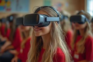 a teacher explaining concepts using virtual reality headsets photo