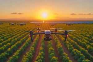 multiple drones autonomously working on a large scale farm, performing tasks like seeding and irrigation, expansive farmland and solar panels in the background, bright sunlight photo