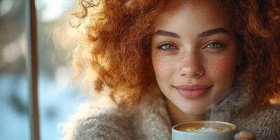 A woman holds a warm mug of coffee, smiling with a sense of bliss and contentment photo