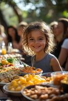 a multicultural family picnic in a sunny park, with a variety of foods and games being shared photo