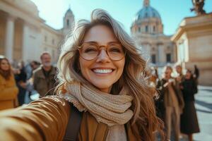 a group of adults taking a selfie during a city tour, with a historic landmark in the background, sunny weather creating a vibrant and lively atmosphere photo