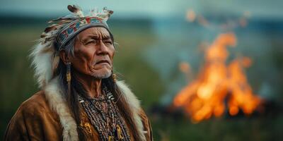 a traditional Yakut shaman performing a ritual at Ysyakh, dressed in ceremonial attire, standing in a green field photo