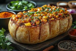 South African bunny chow, a hollowed-out bread loaf filled with flavorful curry, surrounded by vibrant spices and herbs, placed on a rustic board photo