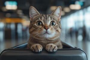 A cute domestic cat curiously peers from a suitcase, resting inside an airport bag photo