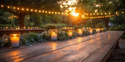 a rustic outdoor wedding reception, wooden tables decorated with greenery and candles photo