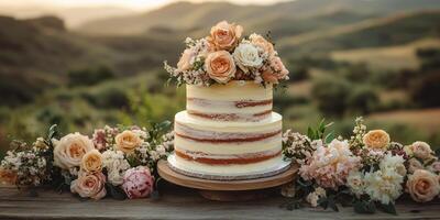a wedding cake displayed on a rustic wooden table, surrounded by fresh flowers and greenery, set against a backdrop of rolling hills, blank right side for text photo