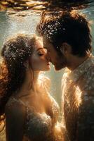 a couple kissing underwater, with the brides veil and dress billowing around them, sparkling sunlight filtering through the surface, dreamy atmosphere photo
