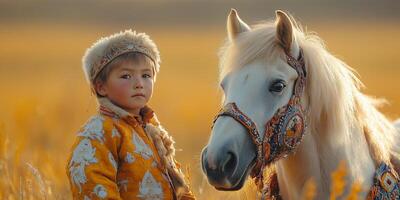 a young boy in traditional Naadam attire leading a decorated horse, a vast Mongolian plain stretching out to the right photo