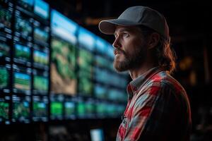 a high tech control center on a farm, showing a farmer monitoring live drone footage on a large screen, sleek indoor setup with data overlays, bright studio lighting photo