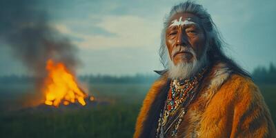 a traditional Yakut shaman performing a ritual at Ysyakh, dressed in ceremonial attire, standing in a green field with a bonfire in the background photo