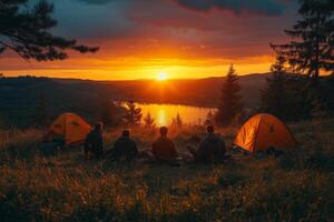 a sunset beach party at the festival, participants relaxing after muddy activities photo