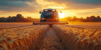 a robotic harvester collecting wheat in a golden field, futuristic design with a modern control panel, plenty of blank space on the right, soft evening light photo